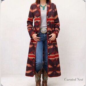 Tribal Aztec earth tones long duster jacket w concha turquoise buttons